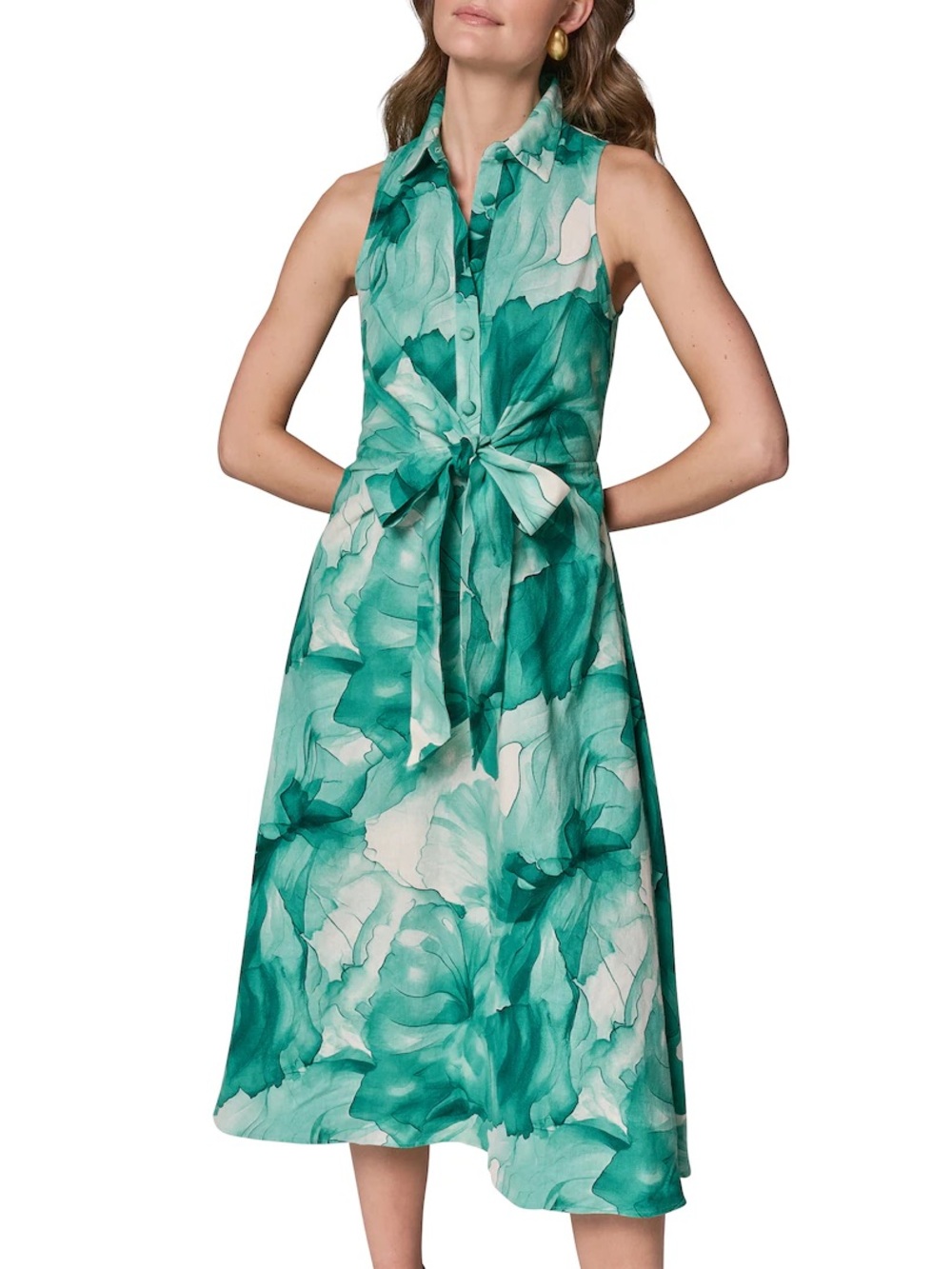 Donna Karan Teal and White Watercolor Floral Tie-Waist Midi Dress
